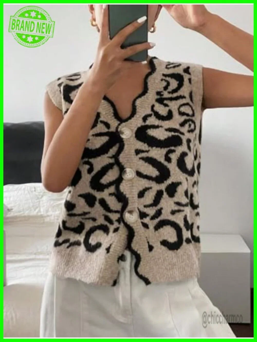 Leopard Print Button Down V Neck Sleeveless Cardigan Sweater Vest Scallop Trim